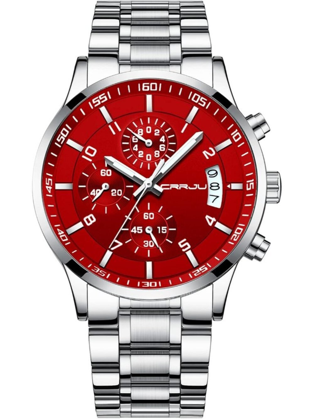 Men's Silver And Red Analog Stainless Steel Waterproof Chronograph Wrist Watch